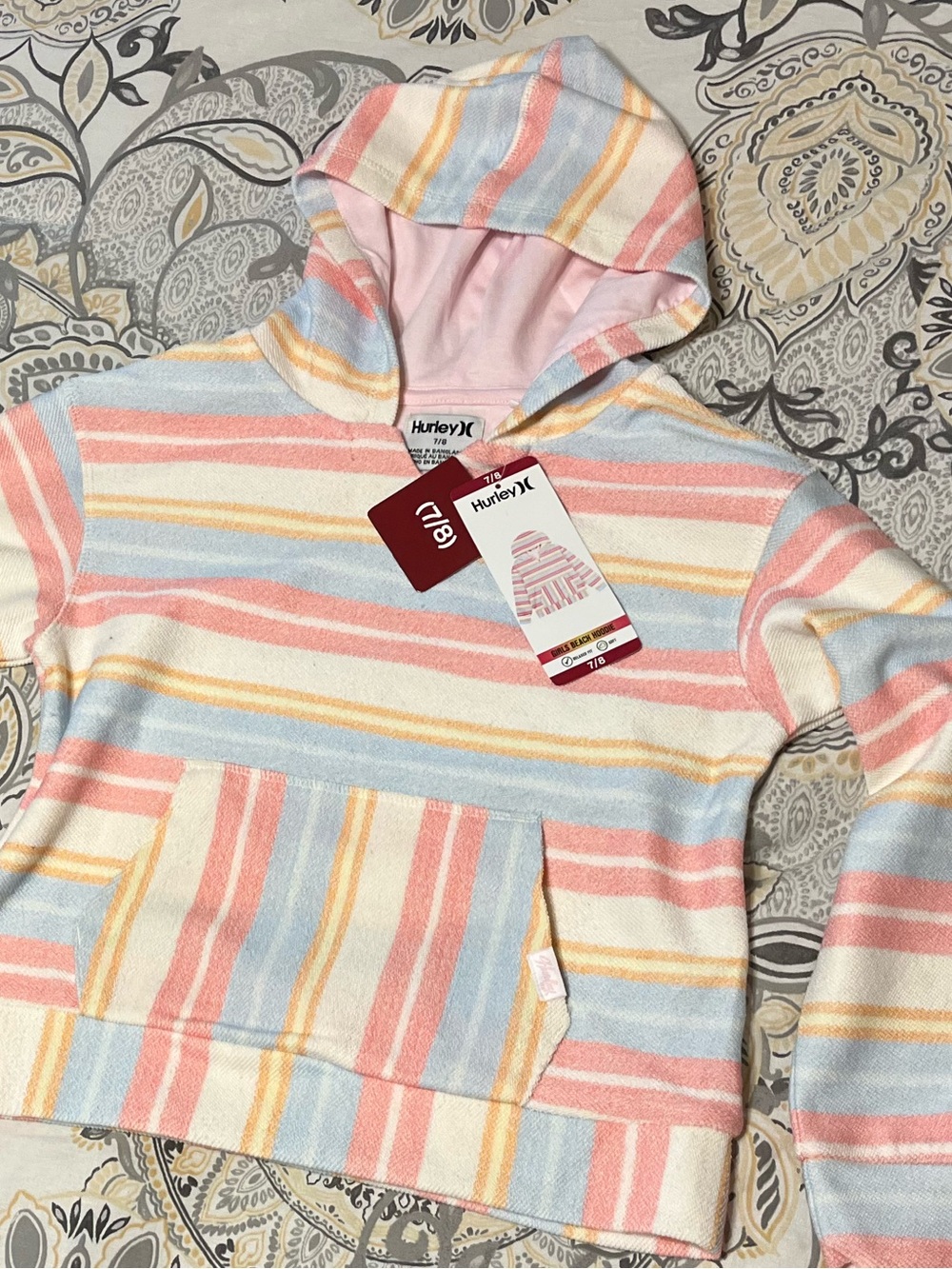 Hurley Soft Striped Beach Hoodie - Girls Size 7/8 NWT